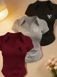 2026 TikTok Trending Horse Butterfly Heart Print 3-Pack Polo Shirts for Women, Casual V-Neck Short Sleeve Slim Fit Tops, Versatile Collared Blouses for Office, Street & Daily Wear, Cute Trendy Y2K Aesthetic Tees for Teen Girls & Young Adults