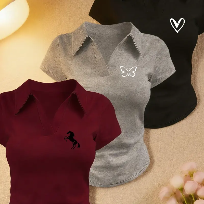 2026 TikTok Trending Horse Butterfly Heart Animal Print 3-Pack Polo Shirts for Women, Womenswear, Casual V-Neck Short Sleeve Slim Fit Printed Polo Tops, Versatile Collared Blouses for Office, Street & Daily Wear, Streetwear, Trendy Y2K Aesthetic Tees