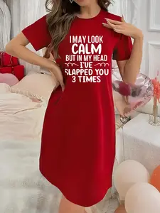 Soft Slightly Stretchy Women's Lingerie Slogan Printed Short Sleeve Round Neck Nightgown Sexy Elegant Young Ladies Christmas Dresses Perfect for Halloween, Christmas and Thanksgiving!