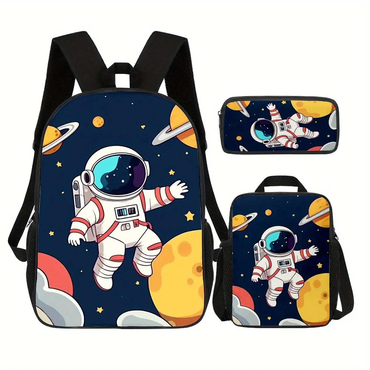 3Pcs Cartoon Astronaut & Solar System Print Backpack Set Durable 600D Oxford Cloth School Bag Insulated Lunch Box & Pencil Case Combo Adjustable Breathable Strap Large Capacity Fits 15in Laptop for Kids Teens School Travel Outdoor Use