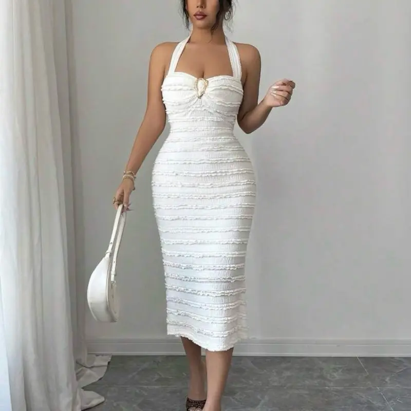 Women's Summer Sexy Beach Vacation Style Solid Color Textured Fabric Metal Buckle Bust Open Back Tie Waist Fitted Dress