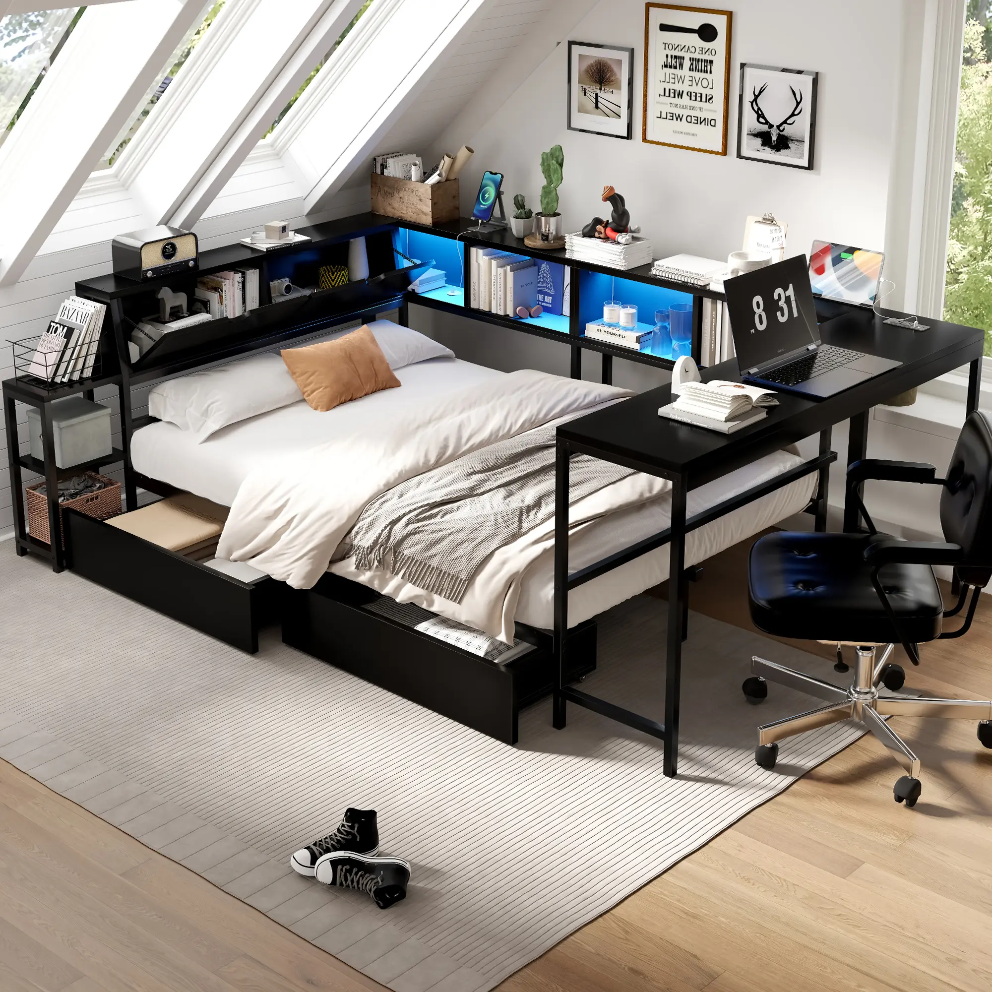 Eyisean Full/Twin/Queen Size Modern Metal Corner Bed, Space-Saving Beds with Bookcase & Desk, Storage Drawers, Daybed with LED Light & Charging Station, Compact Bed Frame for Bedroom, Left and Right Interchangeable, Easy Assembly