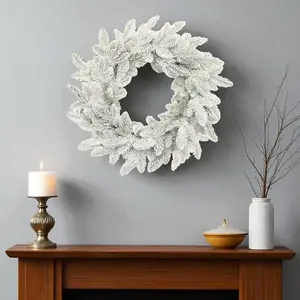 360 stand 25 in. White Plastic Heavy Flocking Pine Leaf Plant Christmas Artificial Wreath - Festive Home Decoration Circle