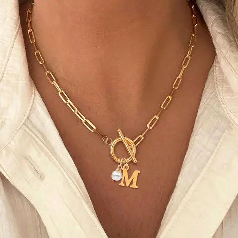 Women's Elegant Faux Pearl Decor OT Buckle Pendant Necklace, Exquisite Trendy Letter Charm Pendant Necklace, Fashion Vintage Chic Gorgeous Jewelry for Party & Daily Decor, Necklace Initial, Alphabet Necklace, Decorative Necklace