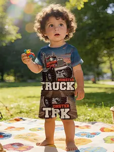 Personalized retro vintage truck printed short-sleeve set for infants and toddlers, casual kids' clothing for babies, T-shirt suitable for daily and outdoor sports, 100% polyester, a perfect gift for infants and toddlers!