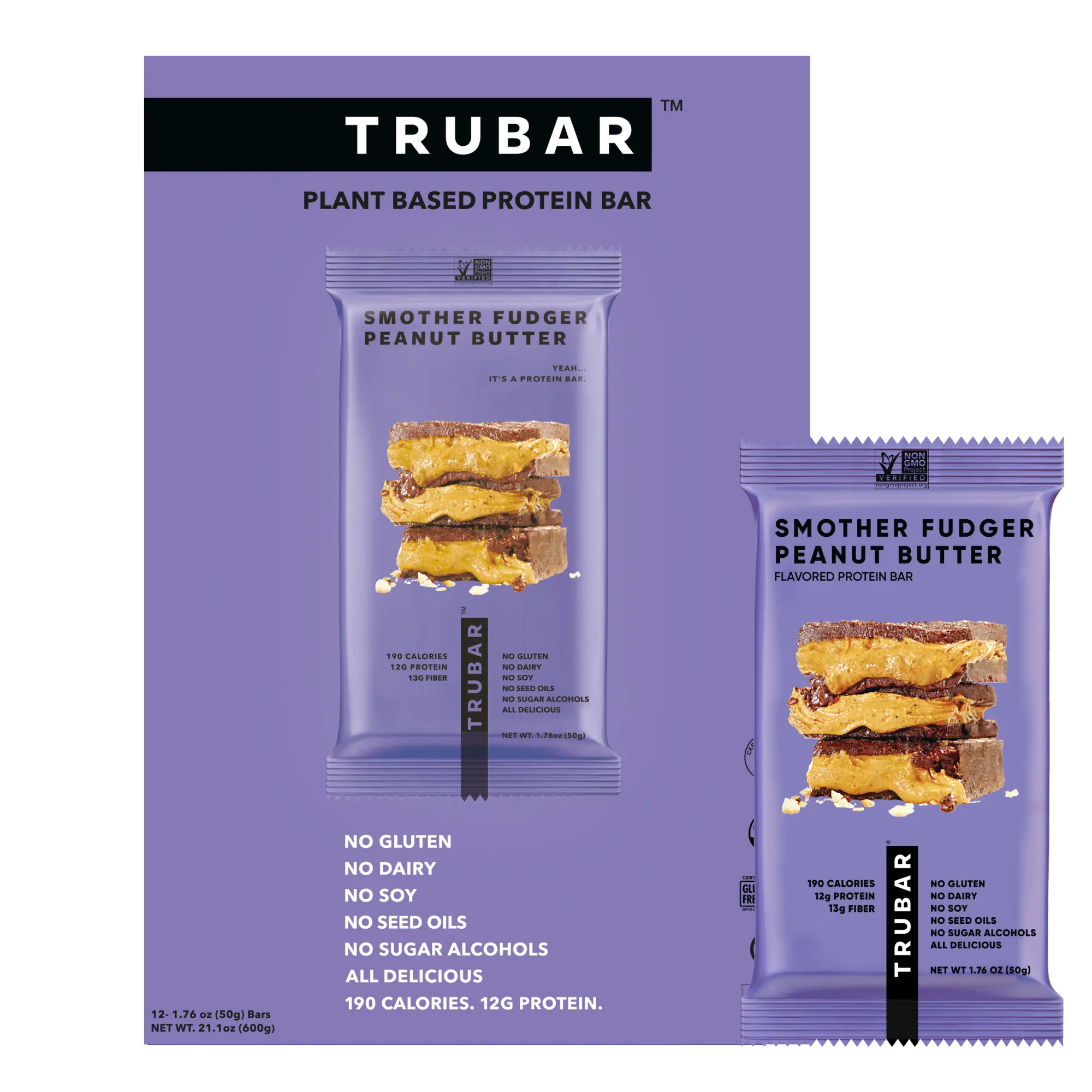 TRUBAR Vegan Protein Bar, Smother Fudger Peanut Butter Gluten Free, Plant Based Protein, Dairy Free, Non GMO, Soy Free, No Sugar Alcohols, 12 ct Snack