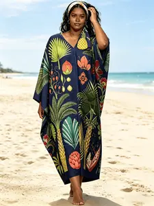1dress+1headscarf Plus Size  Tropical Palm & Pineapple Print Kaftan Dress With Matching Head Scarf 2 Piece Set Women Oversized Summer Beach Cover Up Loose Muslim Abaya Resort Vacation Maxi Nightgown