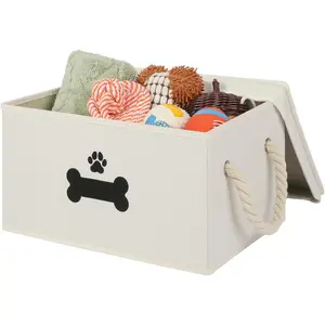 Collapsible Beige Dog Toy Basket with Lid, Cotton Rope Handles, Storage Organizer Bins for Pet Toys