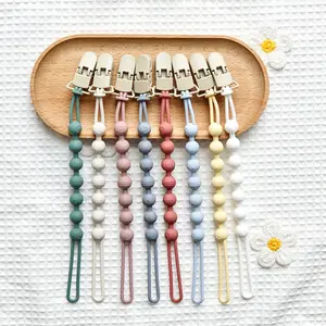 Silicone Pacifier Clip Holder with One-Piece Design, Soft Flexible Silicone Anti-Drop Chain with Wooden Clip for Newborn Boys and Girls