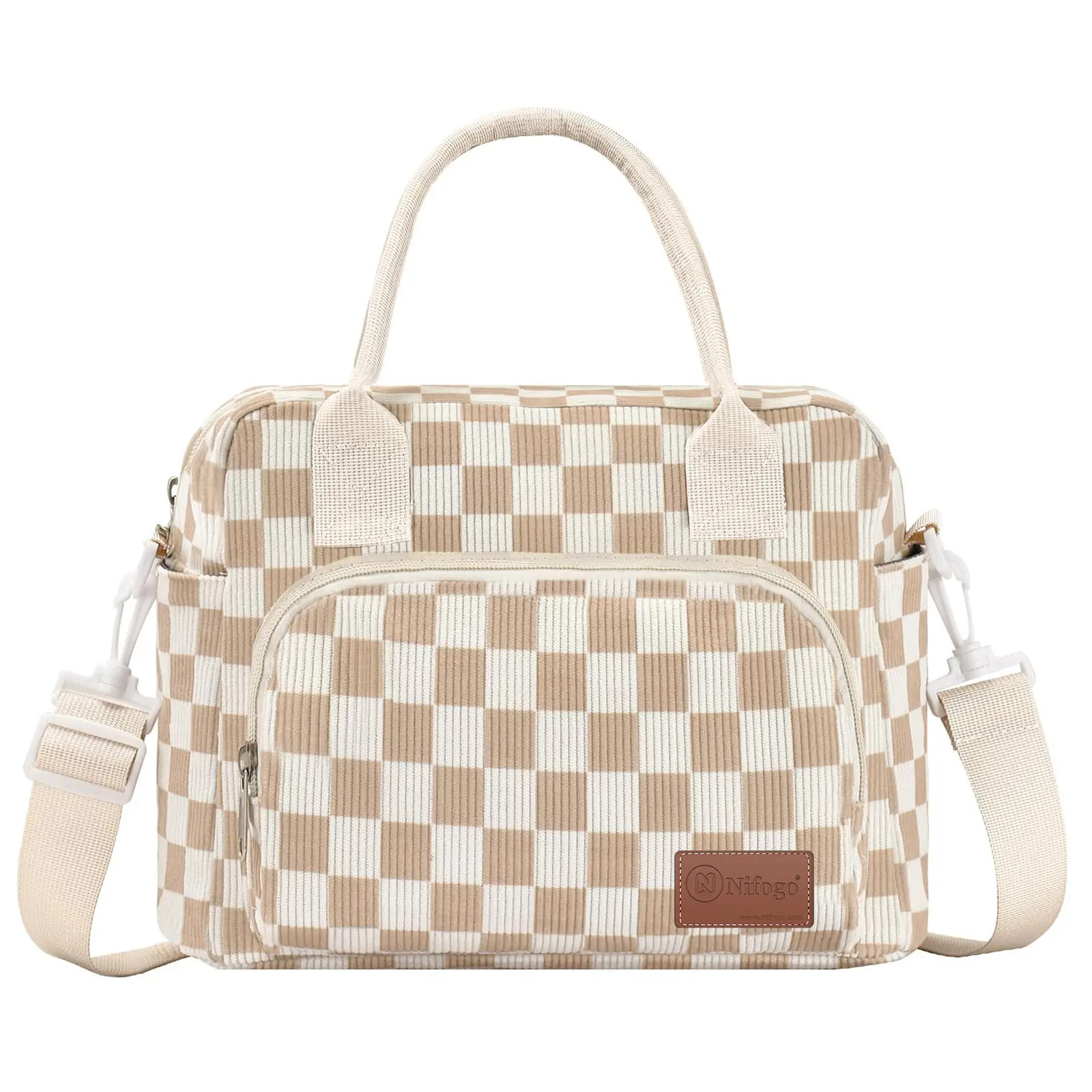 Checkered PU Leather Insulated Cooler Tote - Travel-Size Crossbody Bag, High-Capacity, Water-Resist Build, Adjustable Strap, Picnic-Ready Cool Car Interior Storage Accessory for Men’s Workday Carry