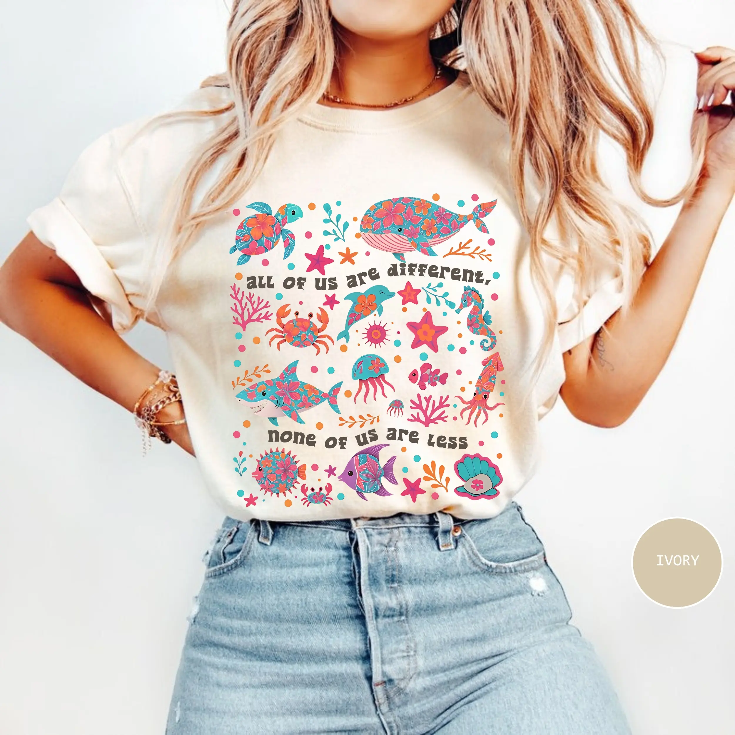 Autism Inclusion TShirt, All of Us Are Different Neurodivergent TShirt, Ocean Lover Summer Special Education Teacher Tee, Cute Crewneck