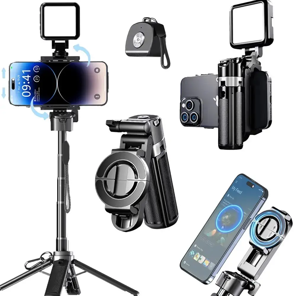 Four-In-One Magnetic Phone Selfie Stick Tripod with Bluetooth-compatible Remote, 360° Rotation, Portable, Anti-Shake, Wireless Control, Ideal for Vlogging