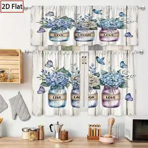 2D Flat Mason Jar Hydrangea Kitchen Curtains, Rod Pocket, Tier & Valance Set, Light-filtering Polyester, Rod Not Included Foldable Colorful Room Divider living