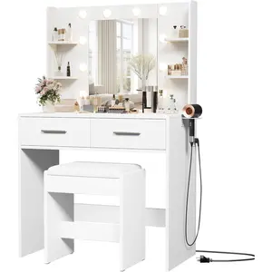 Furmax Illuminated Stand-Alone Makeup Vanity Desk with Adjustable 3-Color Brightness Mirror, Power Outlet, 2 Storage Drawers, 6 Open Shelves for Bedroom, Illuminated Makeup Vanities, Stand-Alone Makeup Vanities