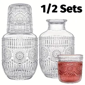 1/2 Sets Elegant Glass Drinkware Bedside Water Bottle and Cup Set, Leaf Pattern Water Jug with Lid, Durable Transparent Glass for Bedroom Office Bathroom