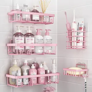 Caddy Shower Storage 5-Piece Set Self-Adhesive Stainless Steel Shelf No Drilling Required Rust-Resistant Bathroom Decor Accessories Pink Shampoo Body Wash Basket Transparent pink bathroom Installation