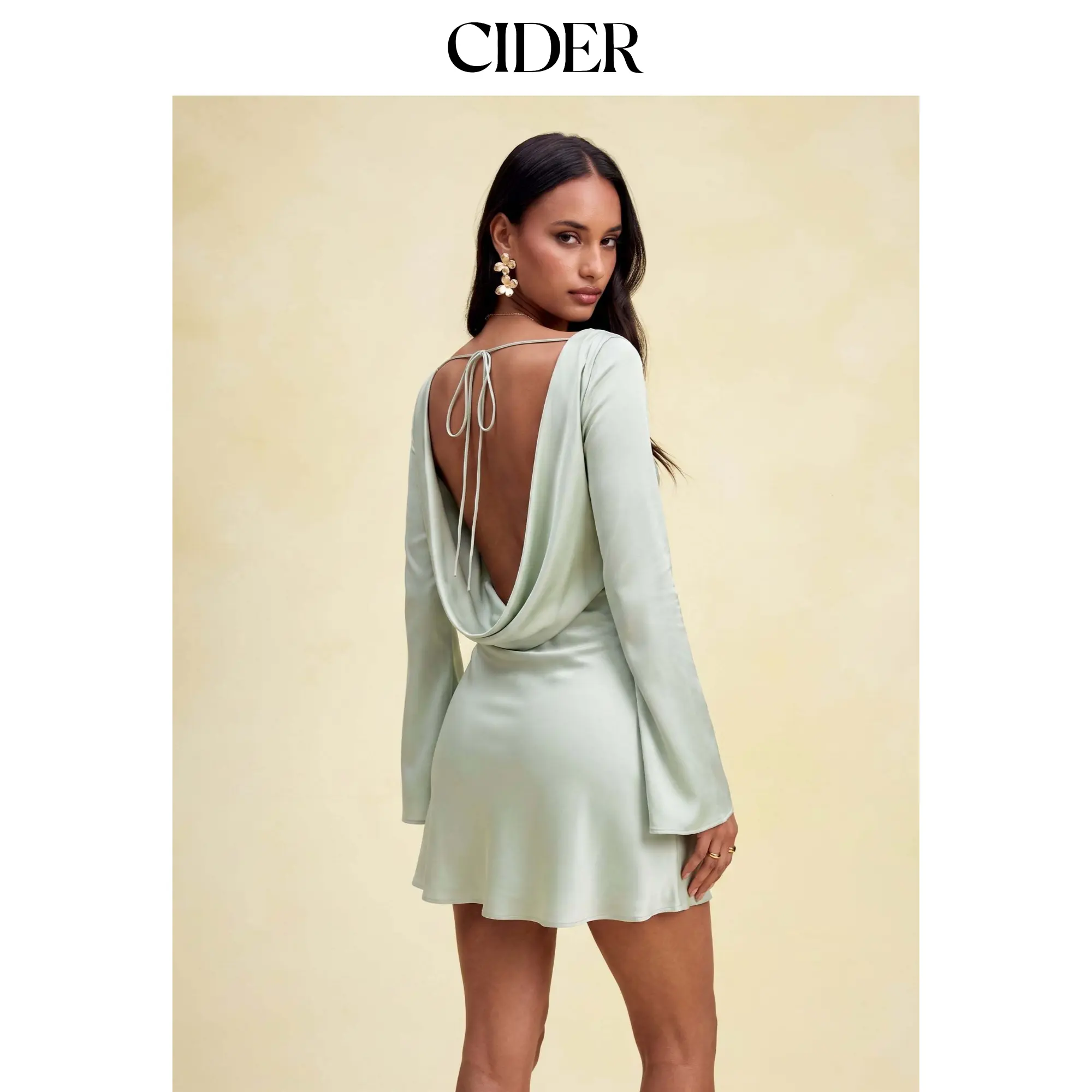 Cider Women's Elegant Satin Boat Neck Mini Dress with Long Bell Sleeves, a Casual Backless Design with Elastane, Long Sleeve, Evening, High Waist, Sexy, Party