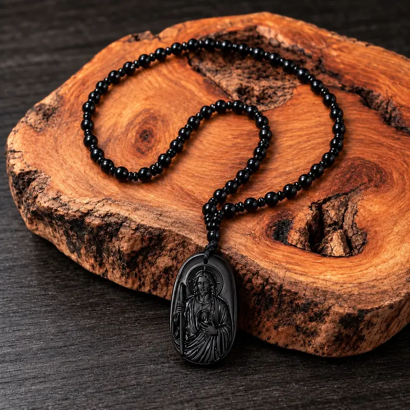 Men's Obsidian Saint Jude Thaddeus Pendant Necklace, Beaded Long Necklace, Vintage Catholic Faith Religious Jewelry for Men