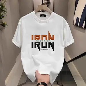Men's simulated embroidery printed T-shirt featuring the pattern 'Iron sharpens iron', crafted from thick cotton fabric with an oversized fit and street style.