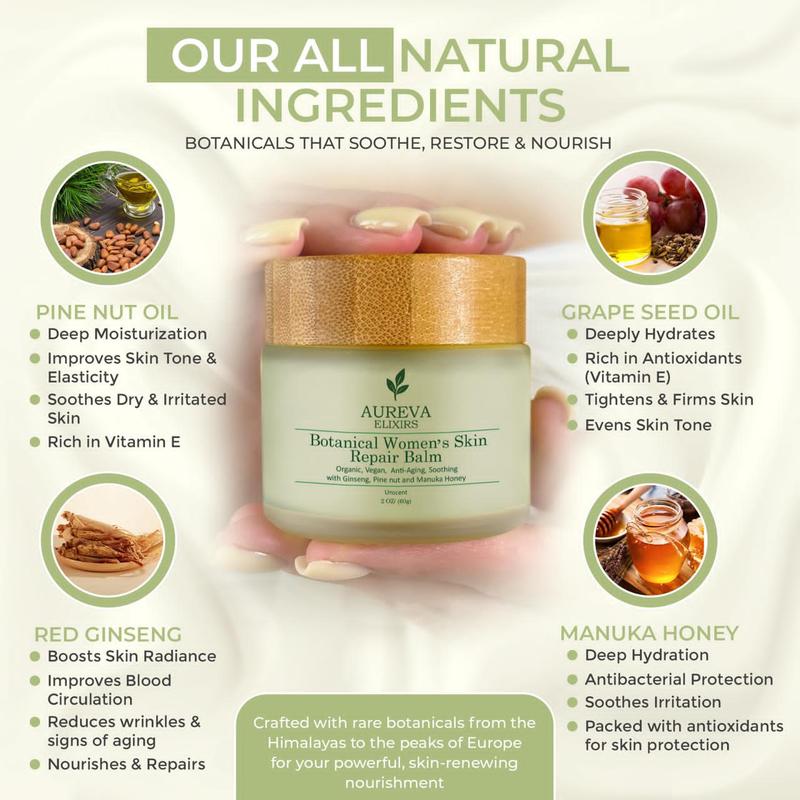 Aureva Elixirs Botanical Women's Skin Repair Balm 97% Problem Solving Formula with Ginseng Oil & Manuka Honey Soothes Redness Dryness Eczema Itchy Skin 2 Oz Unscented Argan Daily Radiance Body Care Moisturizer - Gentle