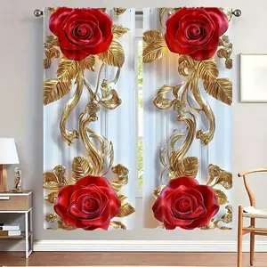 Elegant Rose Gold Floral Print Vintage Curtains, 2 Piece Set, Fashion Home Decor, Window Decorations Supplies, Perfect for Living Room and Bedroom, Window Curtain