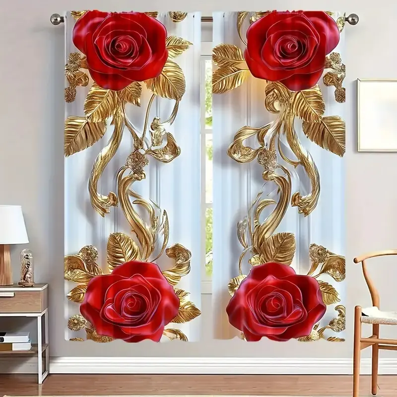 Elegant Rose Gold Floral Print Vintage Curtains, 2 Piece Set, Fashion Home Decor, Home Decorative Curtain, Window Decorations Supplies, Perfect for Living Room and Bedroom, Window Curtain, Window Drapes