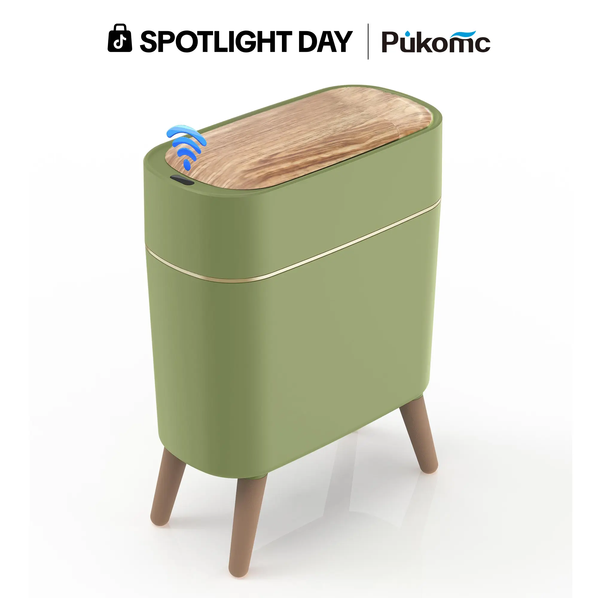 Pukomc ABS Automatic Trash Can - Touchless Motion Sensor Freestanding Nordic Bin with Wooden Lid Organizer, 2.6 Gal, 8x8x16.3in AA-Powered Home Care Supply for Bathroom, Hands Stay Clean