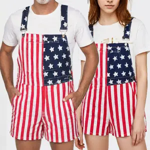 American Flag Denim Bib Shorts Overalls Adult Size, Comfortable Stretch Denim Shorts, Trendy Patriotic Outfit for Independence Day and Casual Travel