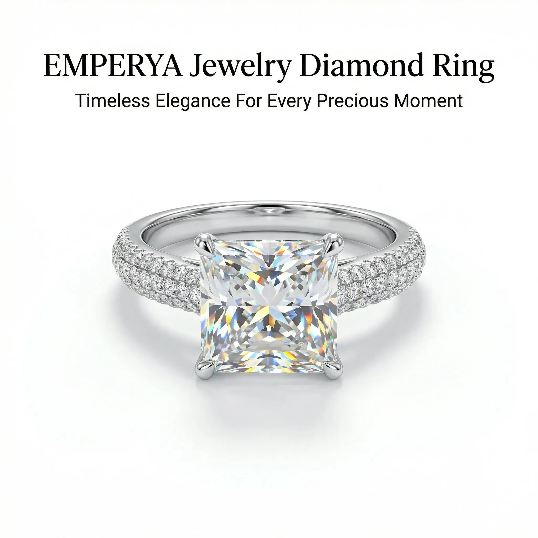 EMPERYA Luxury Princess Cut Diamond Ring  Dazzling Square Solitaire Engagement Ring, Triple Row Pave Band Promise Ring Anniversary Gift for Her Love Oversized