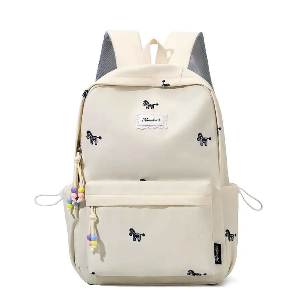 Mini Pony Embroidered Backpack with Colorful Beaded Zipper Pulls & Mesh Straps | Lightweight Nylon Casual Daypack with Front Pocket | Trendy Travel Rucksack for Daily Commute