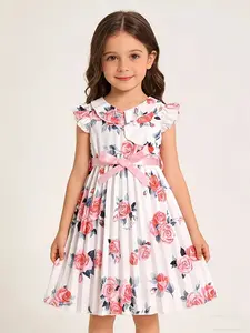 Girls Floral Random Print Round Neck Ruffled Sleeve Casual Dress, Rose Dress, Seasonal Baby Toddler Dress, Comfortable & Stylish Fashion