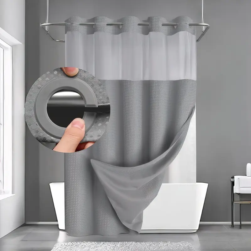 Hookless 1-Piece Waffle Luxe Shower Curtain with Snap-in Plastic Liner, Durable Waterproof Solid Fabric, Drip Dry Hanging Bathroom Accessory for Home, Holeless Water-Resist Modern Bathroom Essential