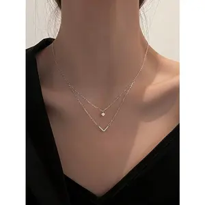 Women's Sparkling Double-Layer V-Shape Stacked Pendant Necklace 40+5cm Fashionable Minimalist Delicate Choker for Daily Wear & Holiday Gift