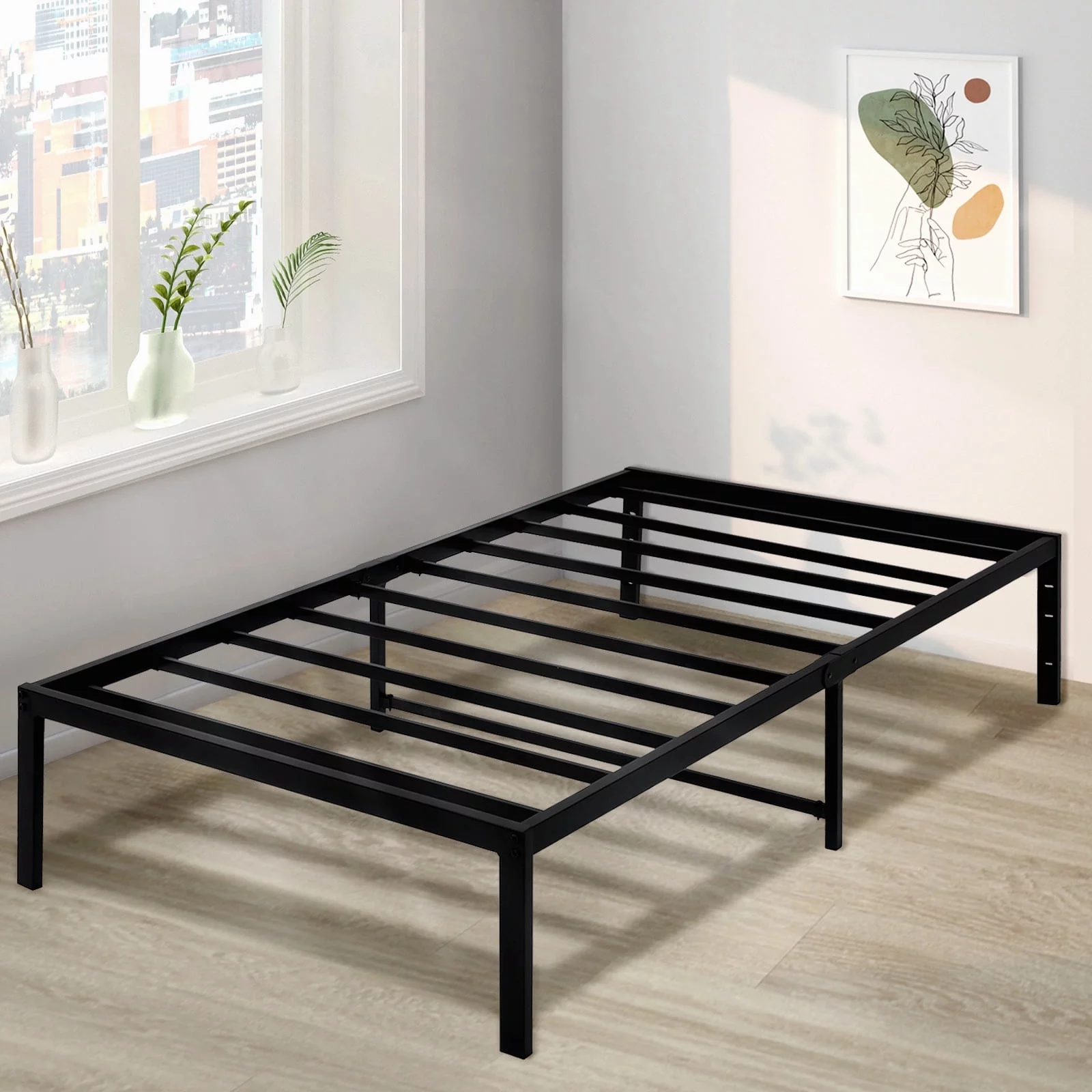 Full Size Bed Frame No Box Spring Needed 14 inch Heavy Duty Steel Slat Metal Platform with Storage Space and Anti Slip Support Easy Lock Assembly