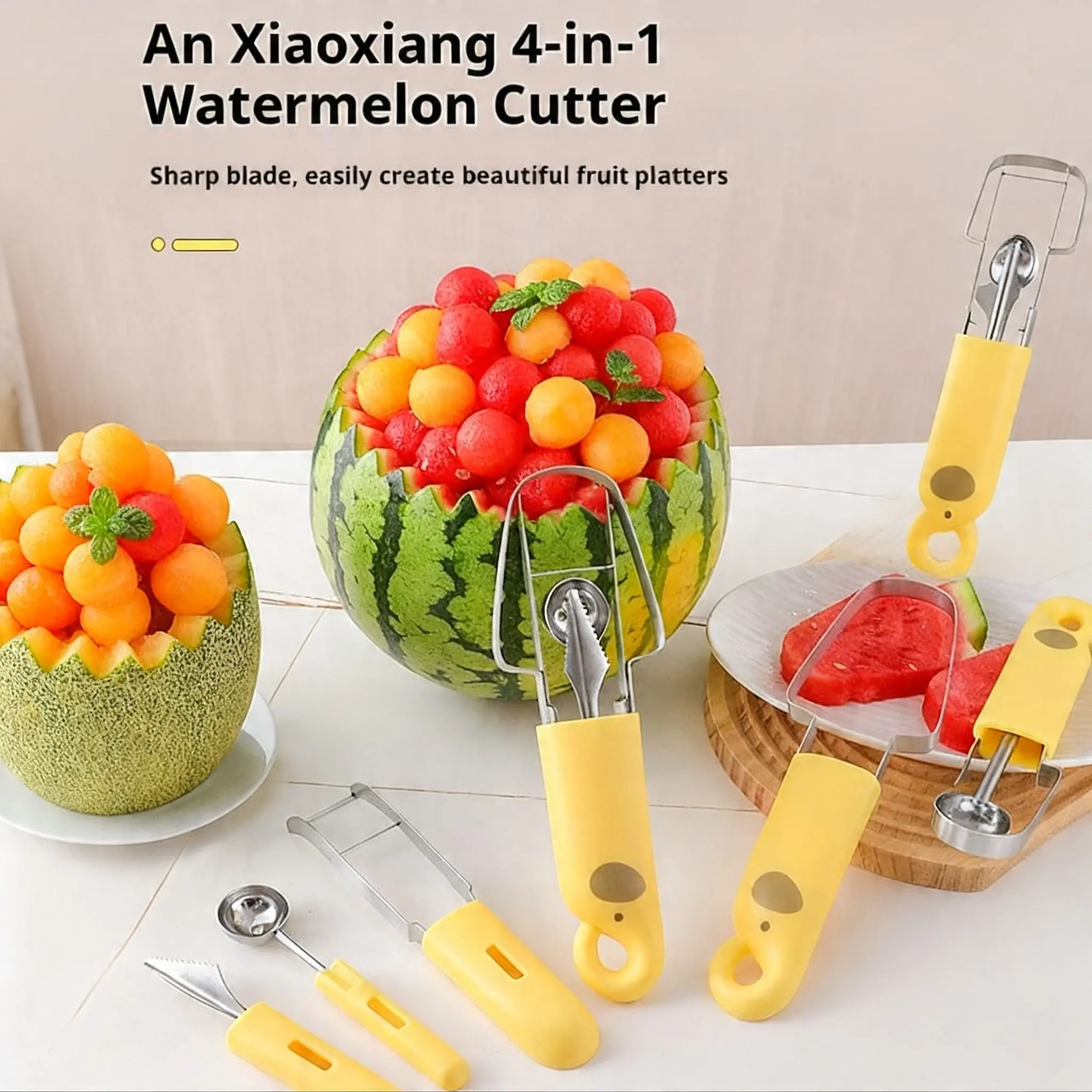 Four-In-One Watermelon Fruit Slicer, Kitchen Table Practical Tool, Elegant Plating, Appetizing Presentation, Ideal for Guests