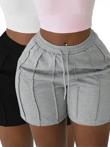 Pack of 2 solid-color drawstring athletic shorts with an elastic waistband and slanted pockets, casual style, suitable for spring, summer, and autumn.