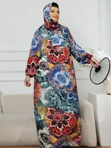 Middle East Muslim Outfits Autumn Winter Round Neck Cotton Plus Size Fashion Geometric Dye Pattern Tunic Dress, Loose Fit Lantern Sleeves Long Robe