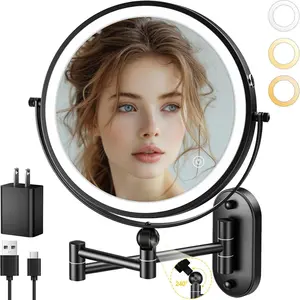9" Wall Mounted Lighted Makeup Mirror,4000mAh Rechargeable Double Sided 1X/10X Magnifying Mirror with Light,3 Color Lights, Dimmable,Extended Arm 360 Rotation Wall Mounted Makeup Mirror