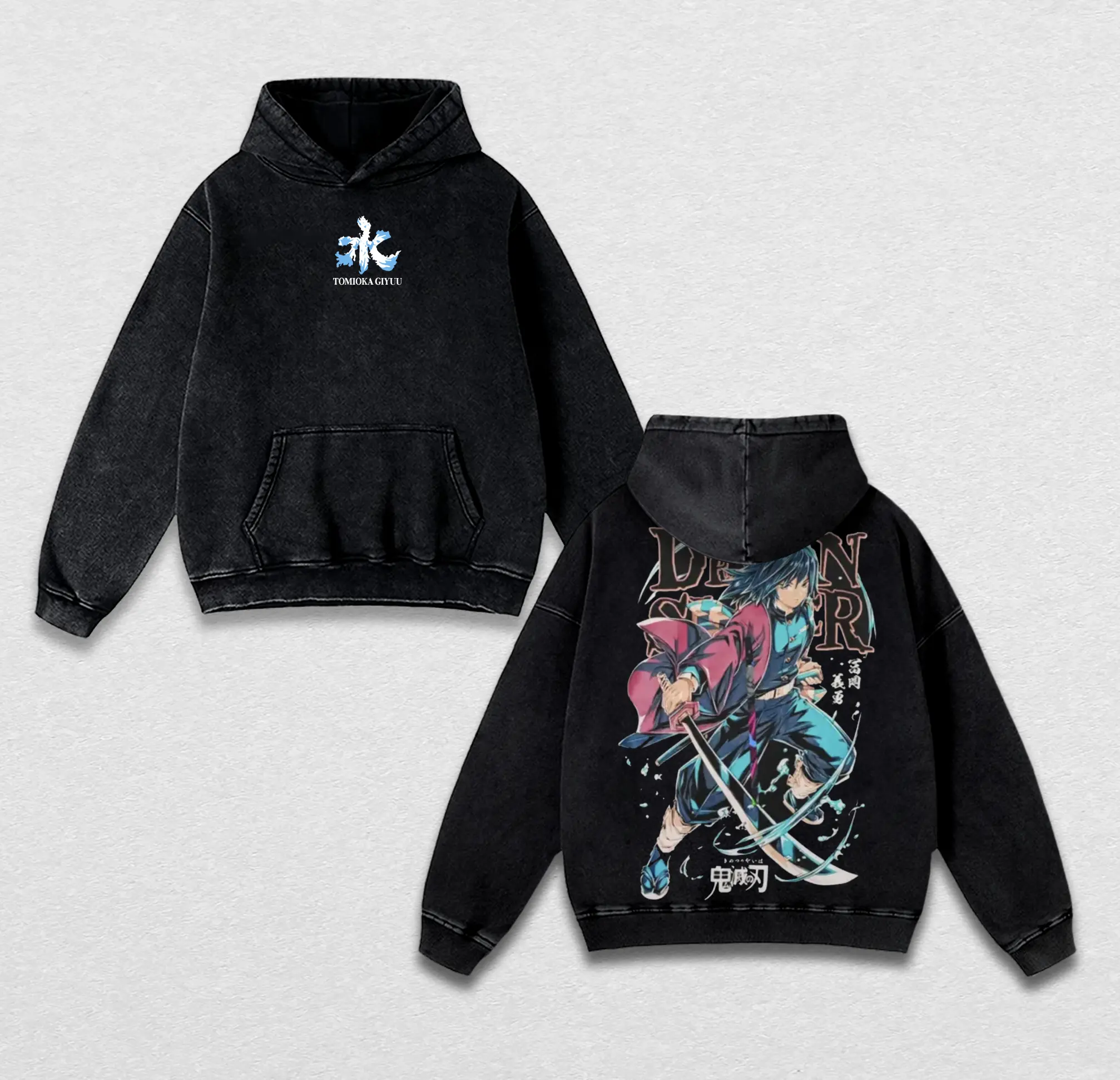 Demon Slayer Giyu Tomioka Washed Hoodie & T-Shirt – Vintage Oversized Anime Graphic Apparel, Infinity Castle 2025 Heavy Cotton Streetwear, Unisex Manga Gift for Fans & Friends