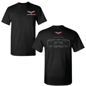 Corvette C5 Outline T-Shirt – Classic Front Sketch Graphic Tee with Corvette Flag Logo, Soft Black Cotton Streetwear for Men & Women, Clean Minimal Car Enthusiast Apparel & Corvette Fans Gift Idea