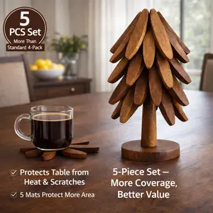 Natural Wood Trivet Set, 5 Heat-Resistant Wooden Trivets with Stand, Auto-Opening Design for Hot Pots & Dishes, Solid Wood Table Protectors for Farmhouse Kitchen Decor #SummerVibes