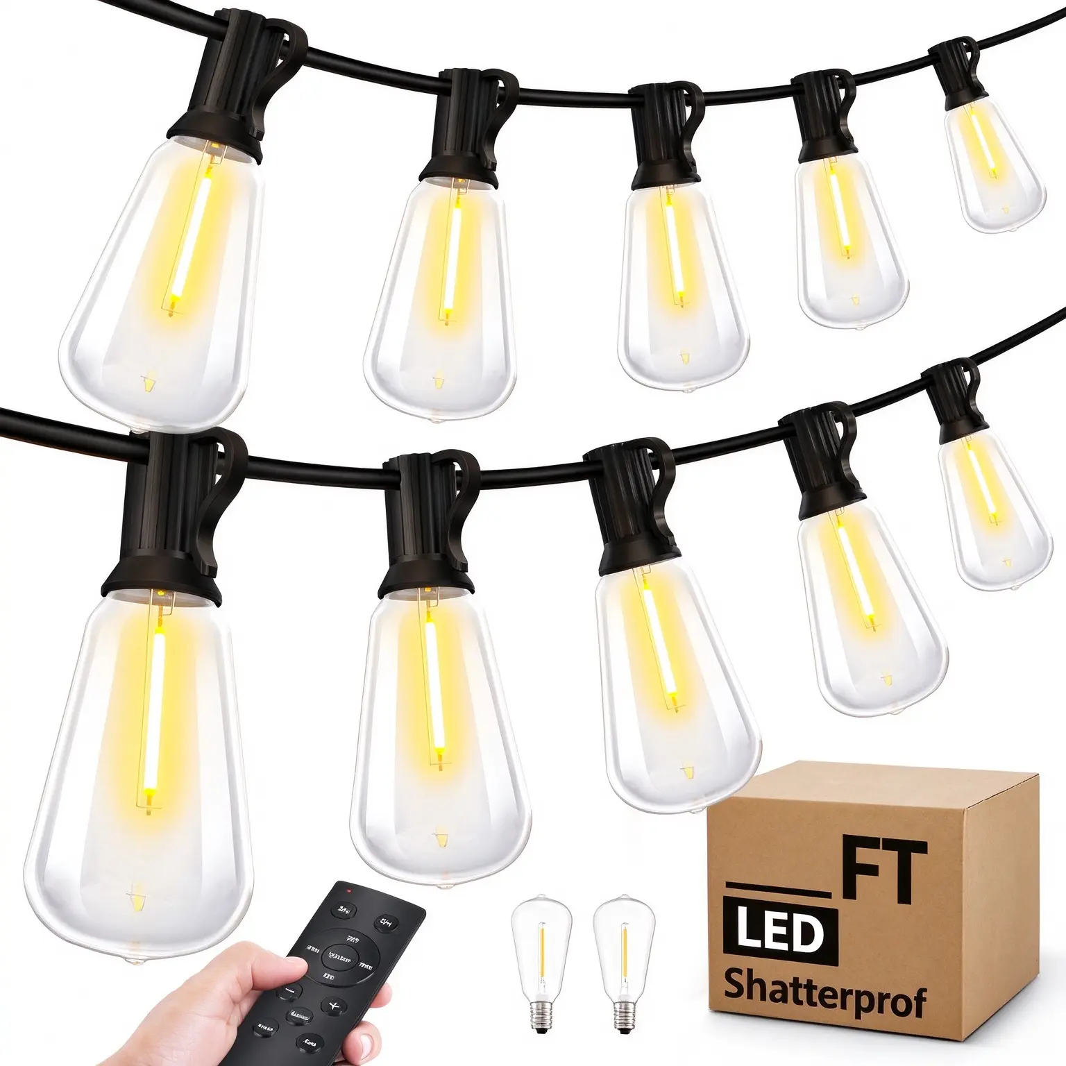 Outdoor Plug-In String Lights with RF Remote, 24V Low Voltage Shatterproof LED Bulbs, IP65 Waterproof Heavy-Duty Wire for Patio, Backyard, and Garden Decor