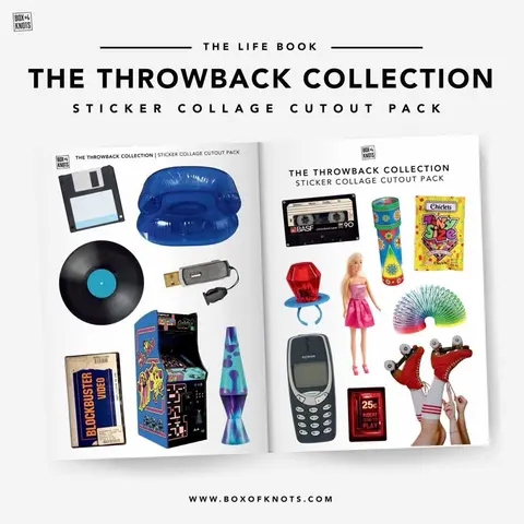 The Throwback Collection | Nostalgia | DIY Collage Cutout Journal Kit | Full Sheet Sticker Adhesive | Scrapbooking | Journal Stickers | 80s + 90s Theme | Matte | Decorative Junk Journaling Decor |