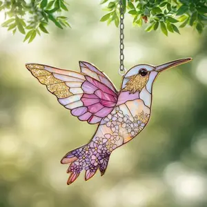 Stained Glass Style Hummingbird Suncatcher, Pressed Flower Acrylic Ornament