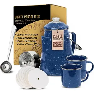 【Father's Day】Coffee Percolator – 12-Cup Stovetop Camping Coffee Pot for Open Fire, Grill, or Gas Stove – Durable, Old-Fashioned Percolator with 2 Enamel Mugs for Outdoor Brewing - Blue