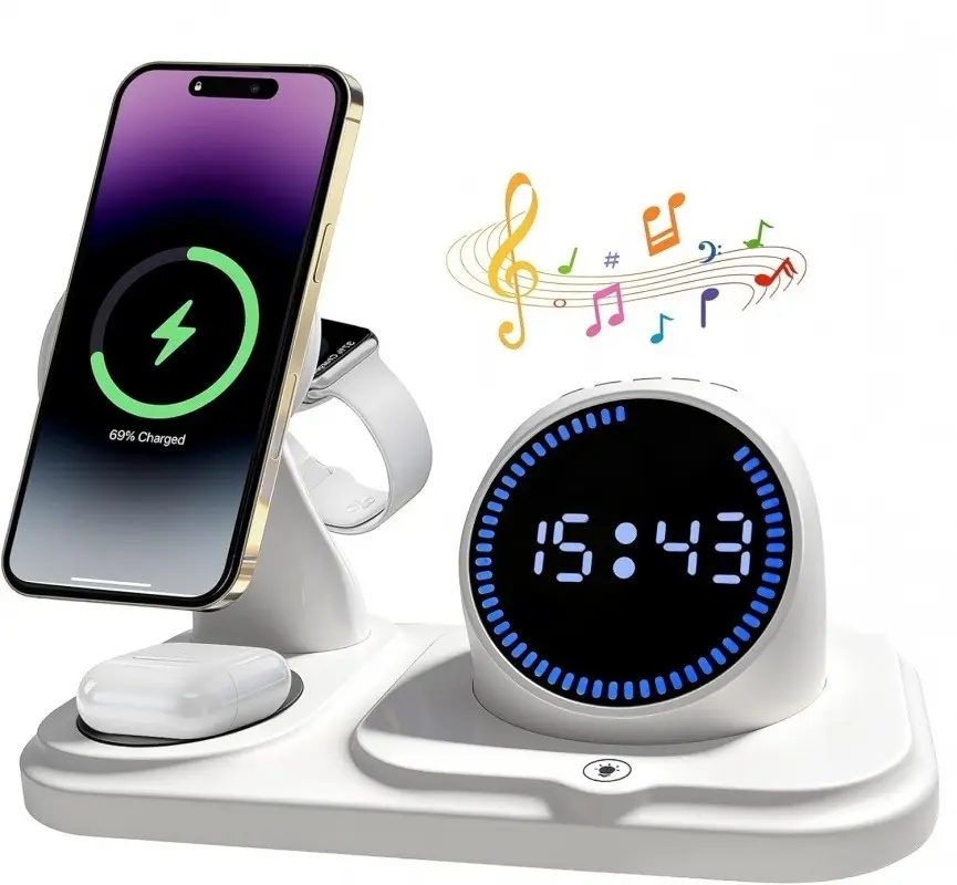 6 in 1 Wireless Charging Station with Bluetooth Speaker Fuction, Charging Stand for Multiple Devices for Apple iPhone 17 16 15 14 13 12 Pro Max Apple Watch Airpods, Digital Clock and Ambient Lights
