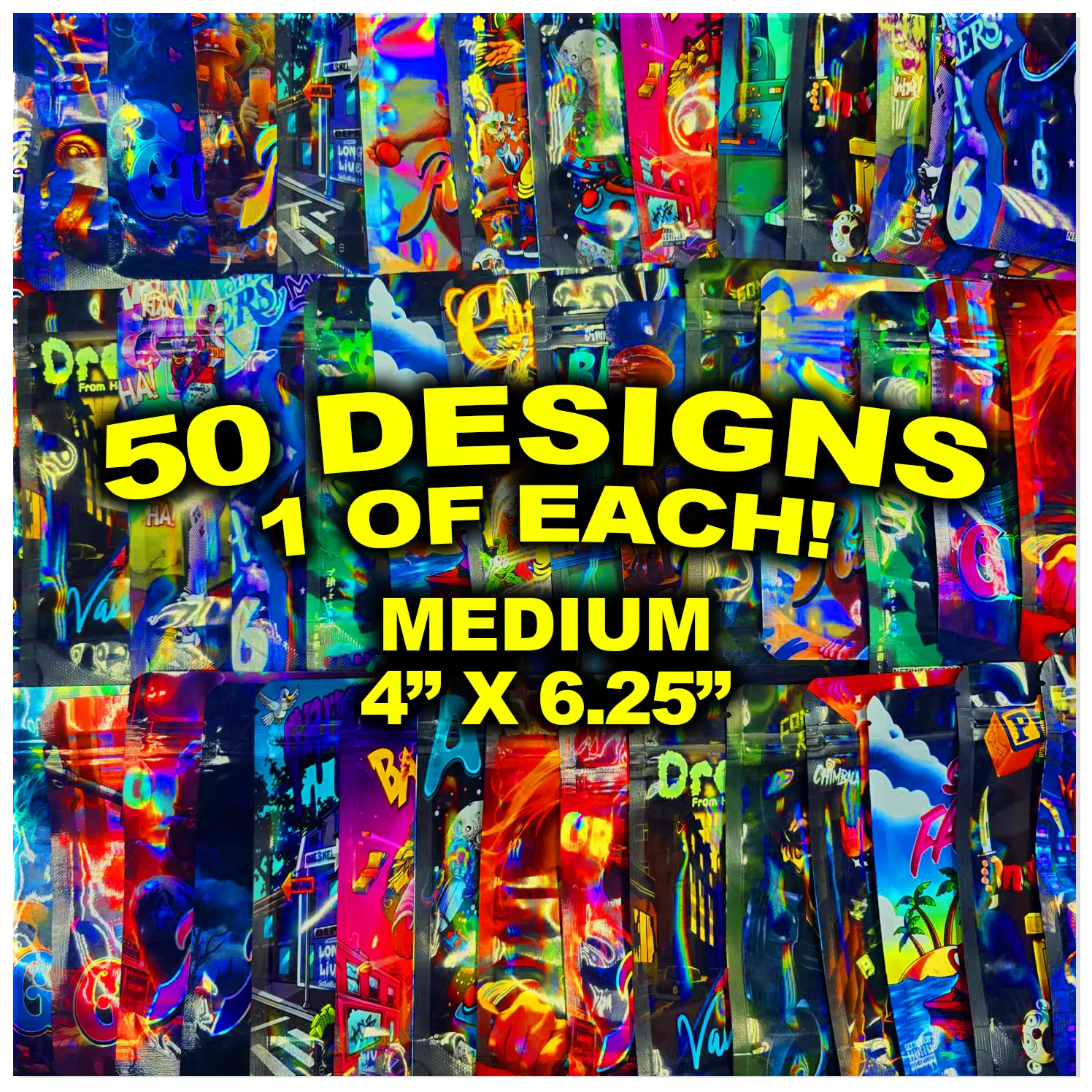 50 Pack Medium (4inx 6.25in) Storage Organizer Bags Assorted Designs