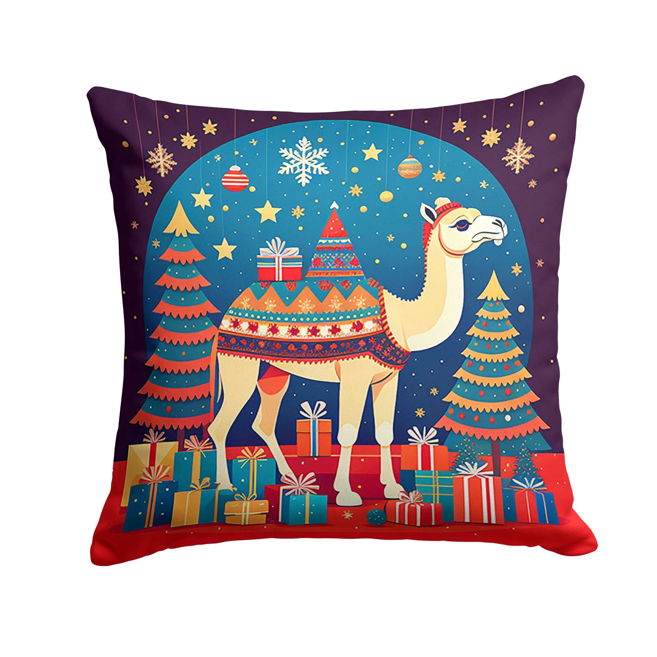 Handcrafted Camel Christmas Decorative Pillow, 14x14 in 100% Polyester Cushion, Colorfast Dyes, Durable Artistic Design, Water-Resistant for Household Textile & Patio-Porch Decor