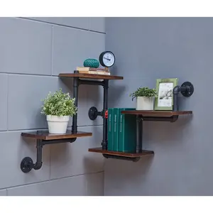 4-Tier Floating Corner Or Flat Wall Shelf Staggered Floating Industrial Rustic Pipe Shelving Unit – Wall Mount