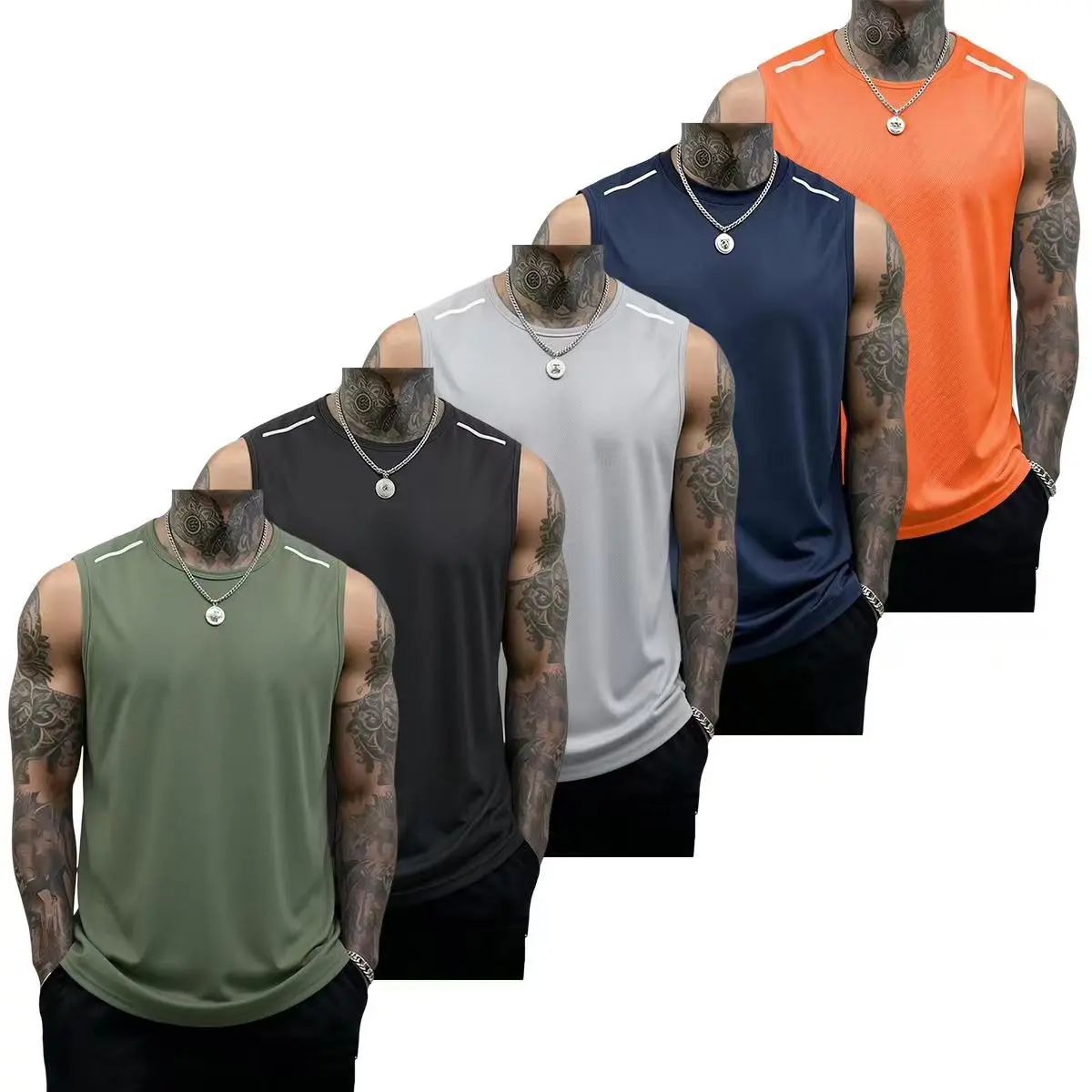 Military green + black + light gray + dark blue + orange